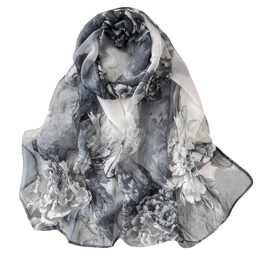 Four Seasons Thin Soft Chiffon Women Peony Flower Printing Beach Silky Georgette Scarf Shawls Long Wraps Beach Sunscreen Hijab