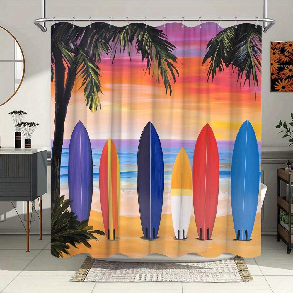 Tropical Beach Scene Shower Curtain - Vibrant Surfboards & Palm Trees, Waterproof Polyester, Whimsical Bathroom Decor