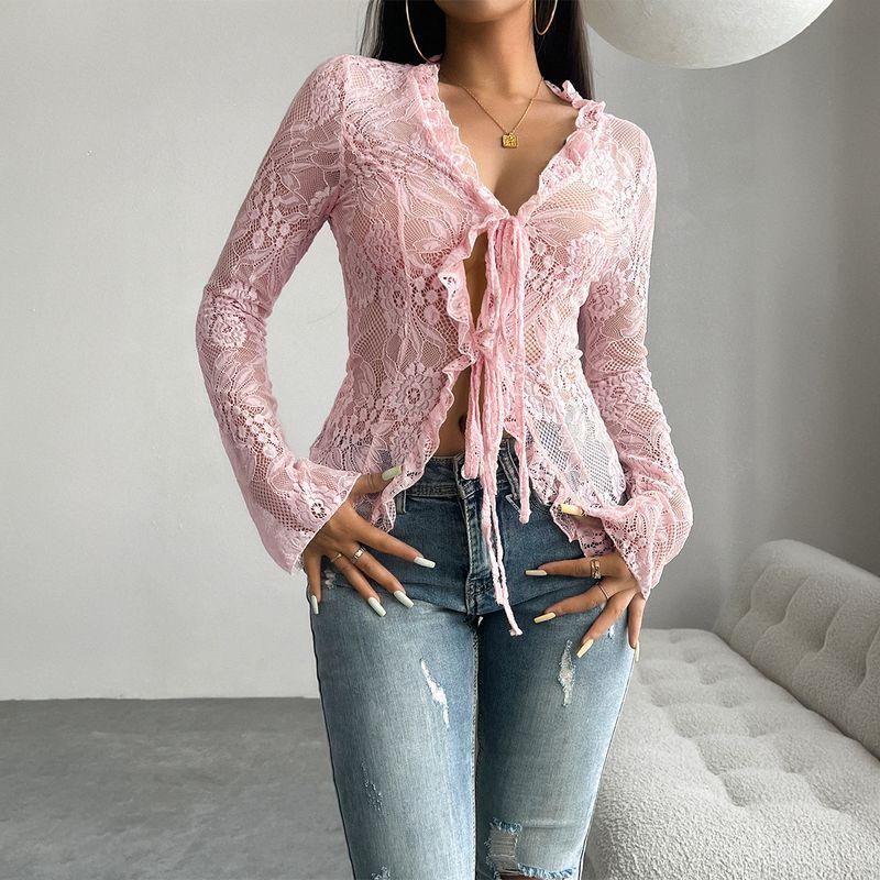 

Summer Sexy Slim fit Long sleeve Lace Top Long Sleeved T-shirt with Lace Top Pink XS