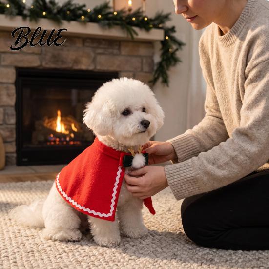 Pet Holiday Apparel Christmas Cape with Bow, Red Cloak for Small Medium Dogs & Cats, Outfit White Wavy Trim, Festive Costume Pets Cat Party Clothes
