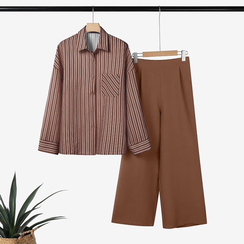 

ZANZEA Женская блузка в полоску с длинным рукавом и брюки, повседневные комплекты из двух предметов XL коричневый