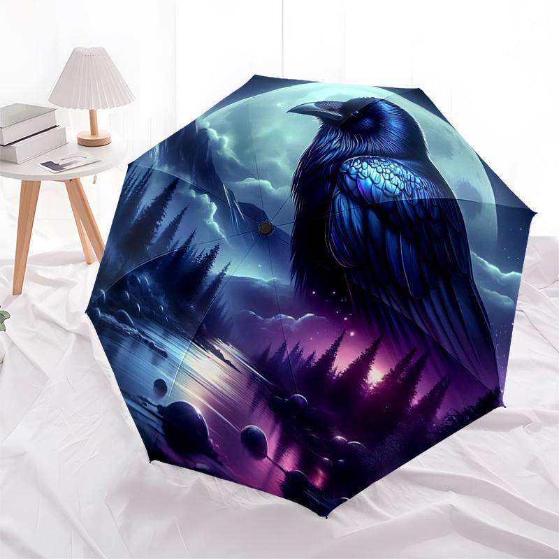 1pc Moonlit Raven Night Automatic Folding Umbrella, 8 Ribs Iron Frame, Suitable for Outdoor Travel and Daily Use Yy251120247
