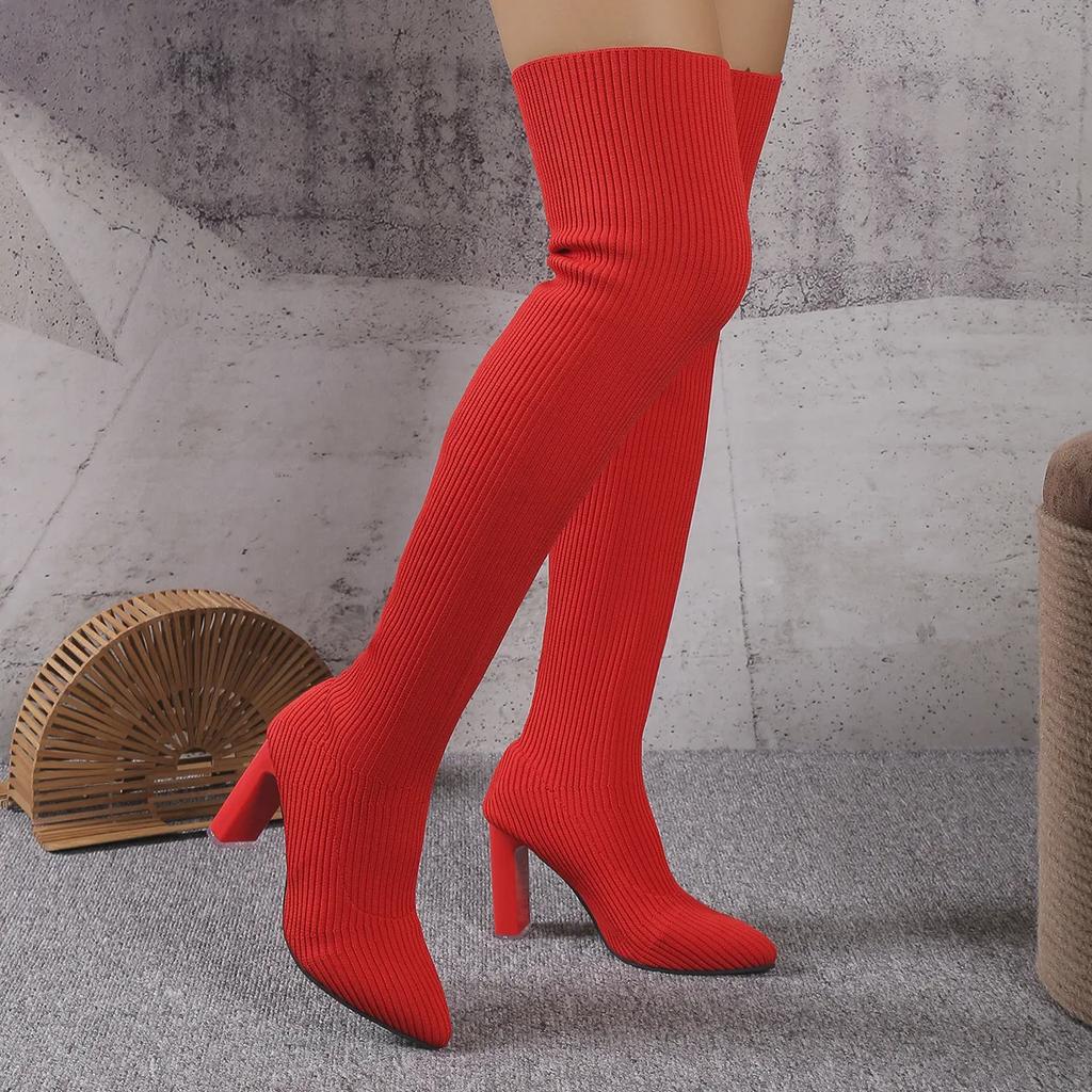 Comemore Women's Knited Sock Boots Autumn Winter Sexy Over-the-Knee Boots Pointed Toe Thick High Heels Long Botas Size 36-43