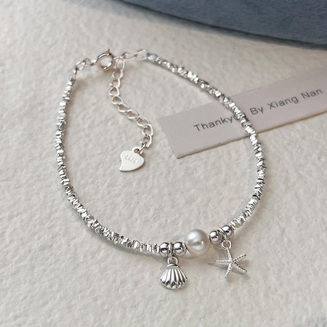 

PONYKISS Sterling Silver Pearl Shell Starfish Bead Charm Bracelet for Women Cute Fine Minimalist Accessory in Summer