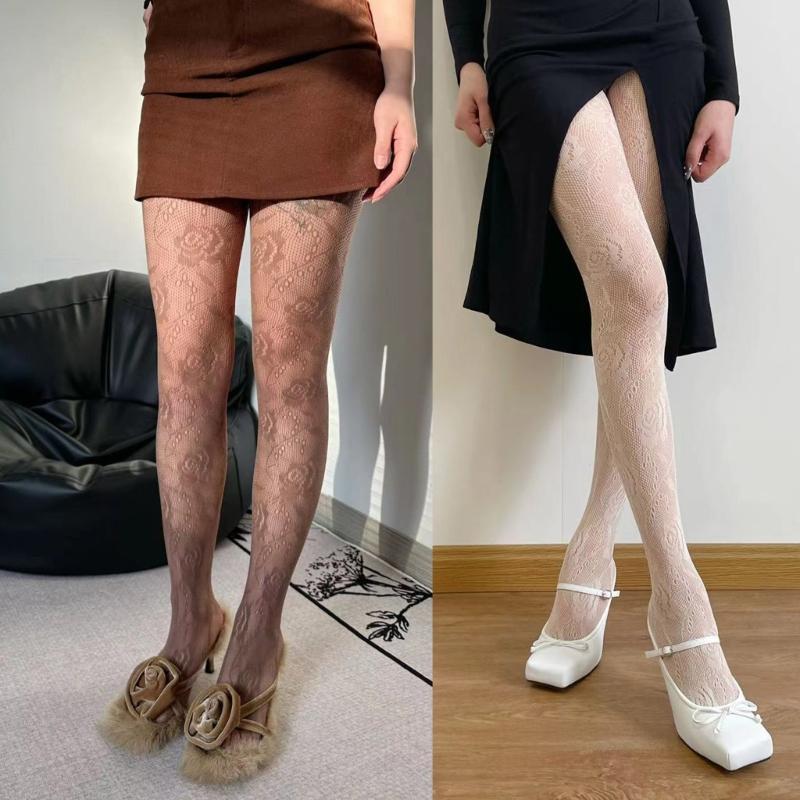 Women Chinese Style Sexy Hollowed Sheer Fishnet Pantyhose Rose Flower Jacquard Patterned Vintage Leggings Mesh Tights