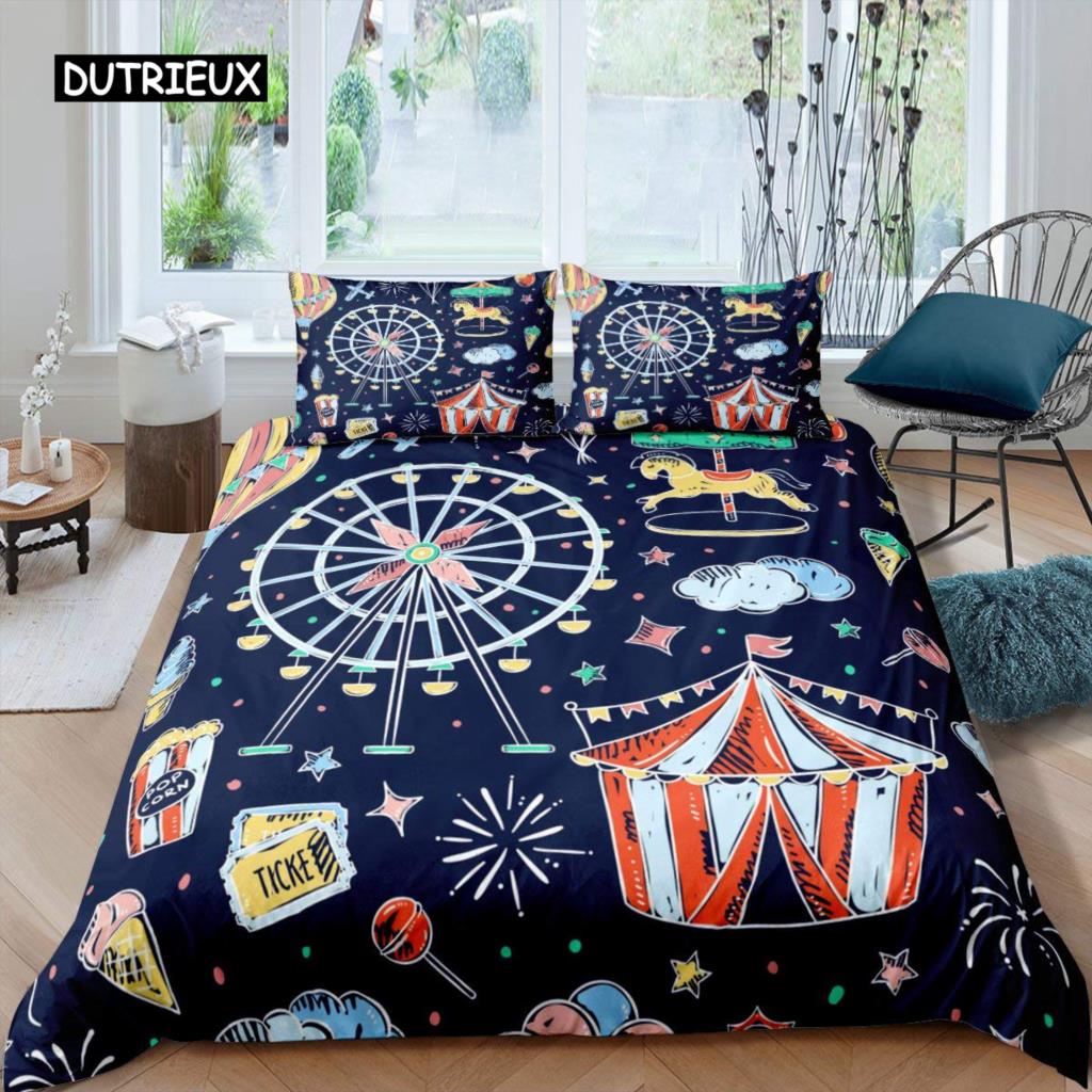 Amusement Park Duvet Cover Set Polyester Ferris Wheel Ball Bedding Set Girl Cartoon Fairy Tale Queen Size 2/3pcs Comforter Cover