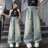 Spring Autumn Girls Jeans Embroidery Five-pointed Star Loose Pants for 3-12 Years Teen Girls Stylish Denim Wide Leg Pants