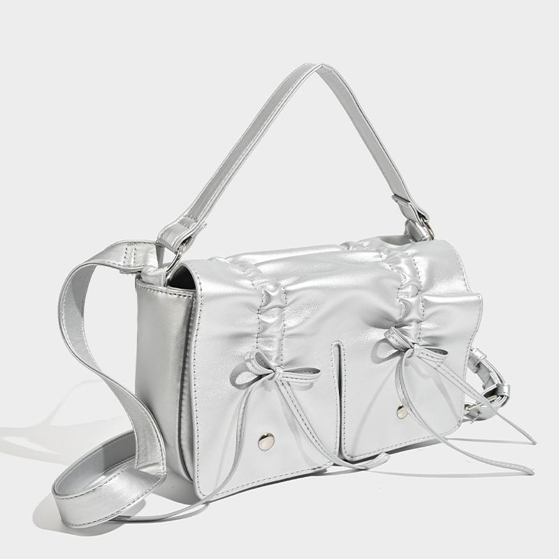 Bags for Women Luxury Designer Handbag and Purses New In Distressed PU Leather Rivet Bow Underarm Pleated Shoulder Bag