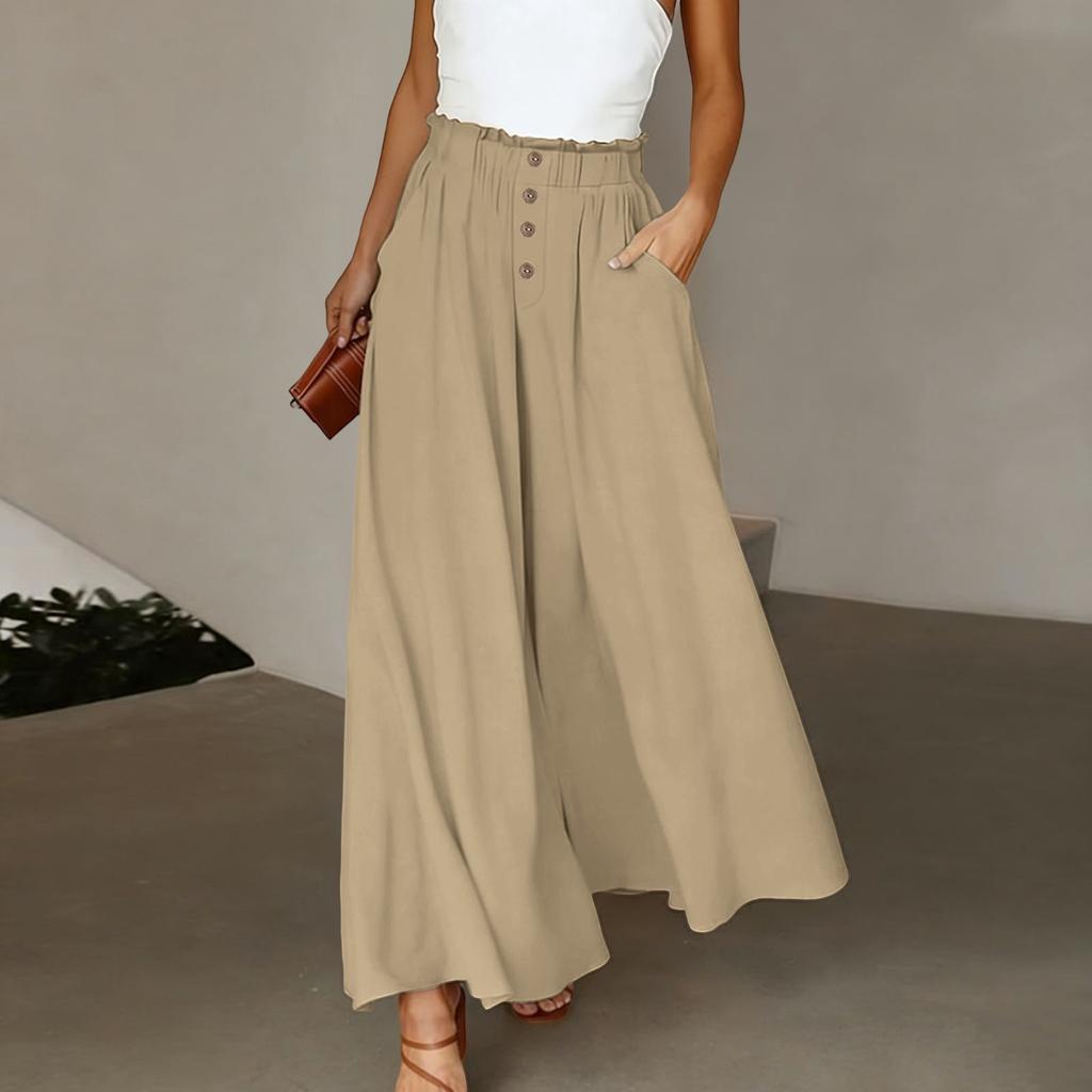 Linen Casual Wide Leg Pants For Women Elastic Waist Versatile Business Casual Work Palazzo Trousers With Pockets