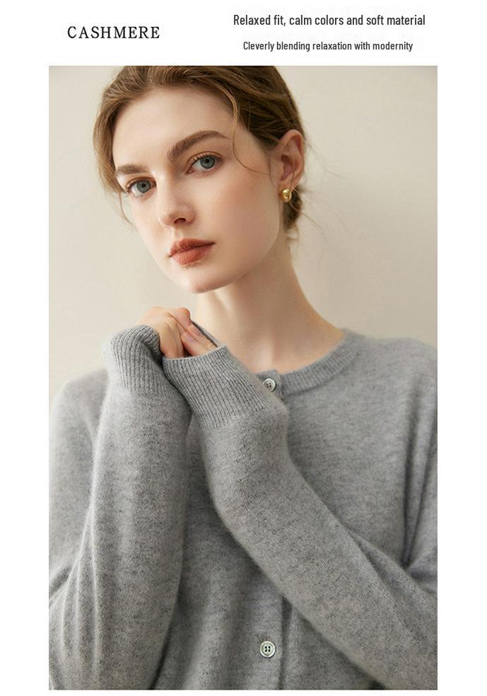 Women's Cashmere Round Neck Cardigan - Soft, Warm, Loose Fit Sweater for Autumn & Winter