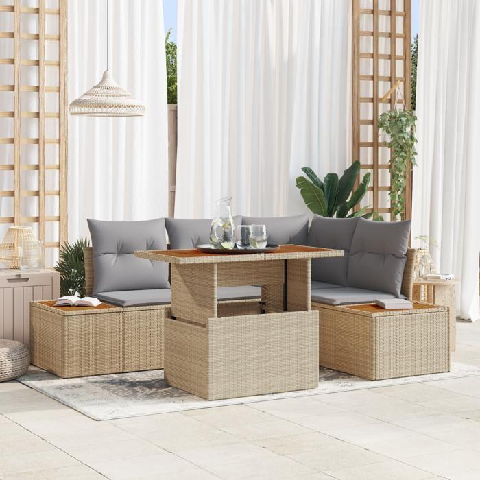 VidaXL Ensemble de salle à manger de jardin 5 pièces avec coussins Beige Poly Rattan Acacia 3350067