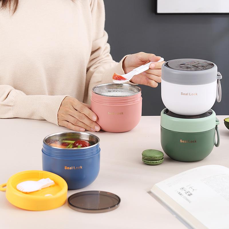 304 Stainless Steel Insulated Breakfast Cup with Lid & Spoon - Large Capacity for Porridge, Oatmeal, Milk; Portable for Students & Office Workers