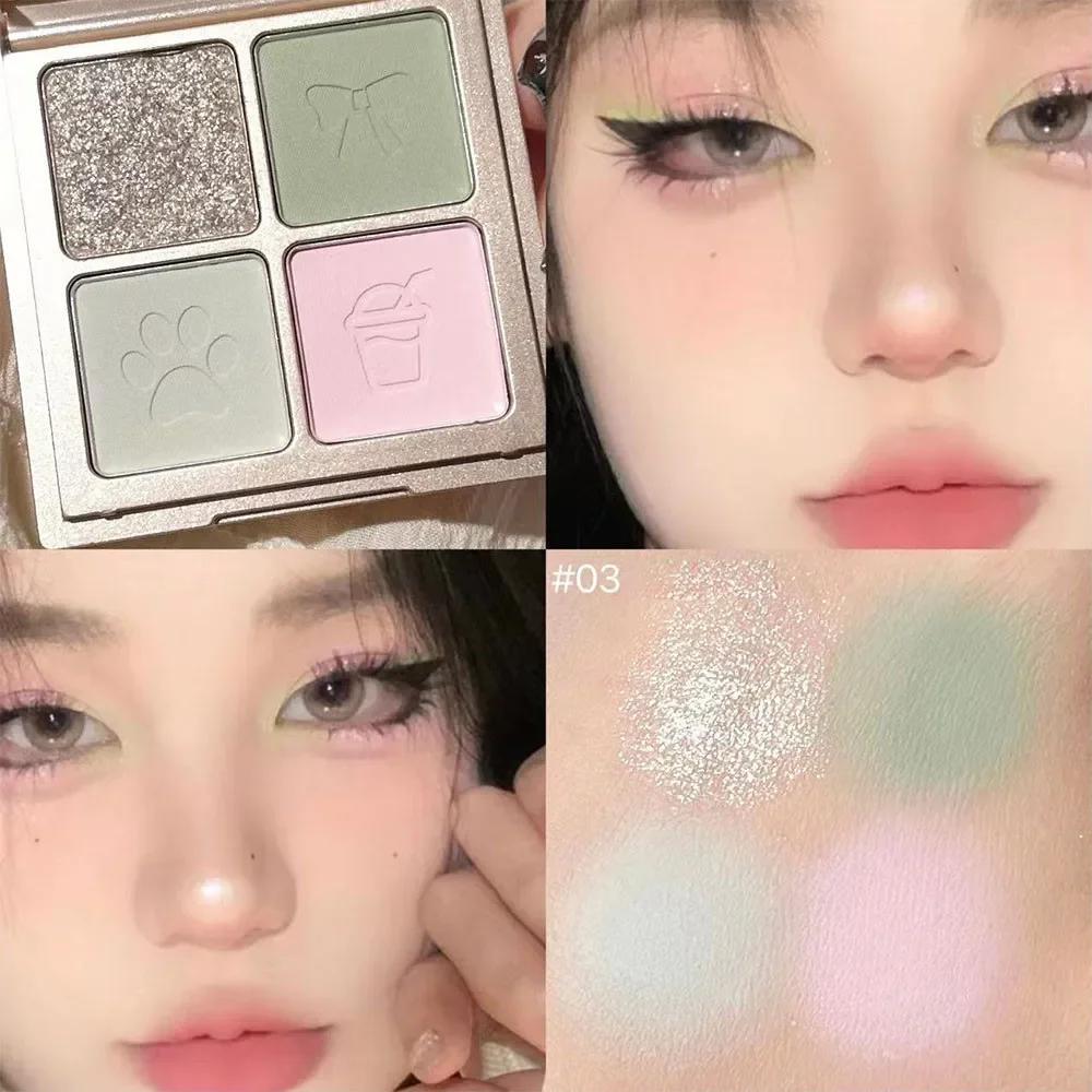 Schattige Beer 4-Oogschaduw Palet Glitter Mat Roze Bruin Shimmer Waterdicht Langhoudende Oogschaduw Highlighter Make-up Cosmetica