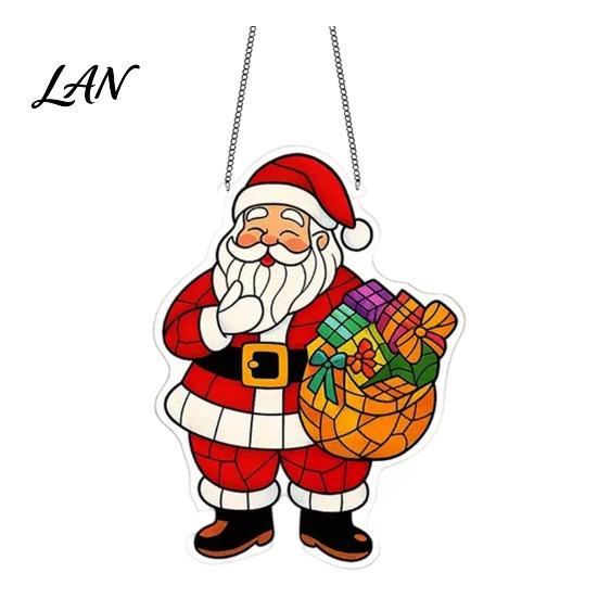 Indoor Outdoor Festive Decor Christmas Suncatcher, Stained Glass Style Window Hanging Ornament, Cute Cat Santa Decorative Sun Catcher Gift Claus