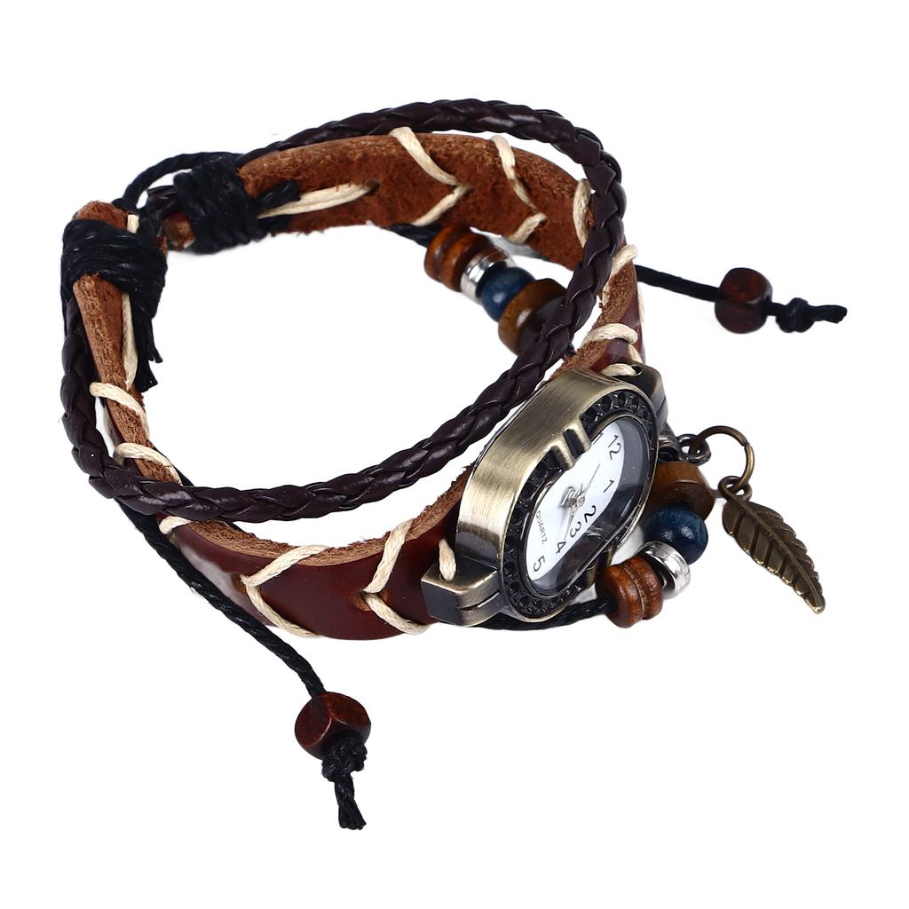 Vintage Wrap Bead Watch Woven Wrap Bead Leaf Bracelet Fashionable Quartz Wrist Watch for Men Women