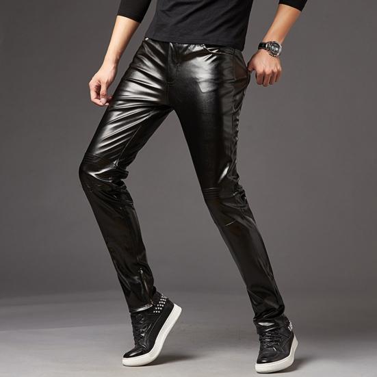 Pantaloni Skinny da Uomo Superficie Lucida Monocolore Chiusura a Zip Vita Media Pantaloni in Ecopelle Vestibilità Slim Pantaloni da Motociclista Streetwear