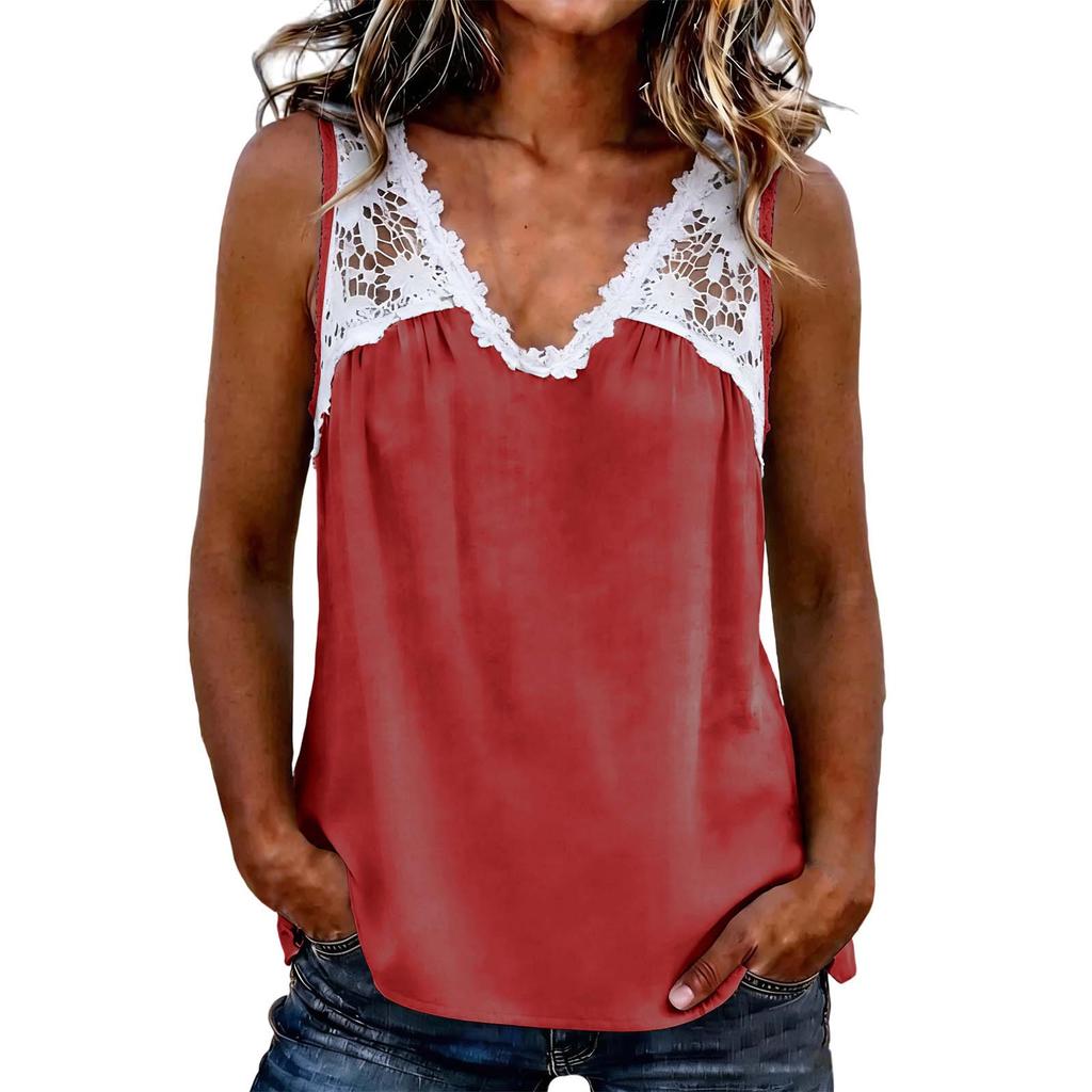 Haut sans manches en dentelle patchwork à col en V pour femme, chemisier décontracté à coupe ample, tissu léger et doux, chemise d'été pour un usage quotidien