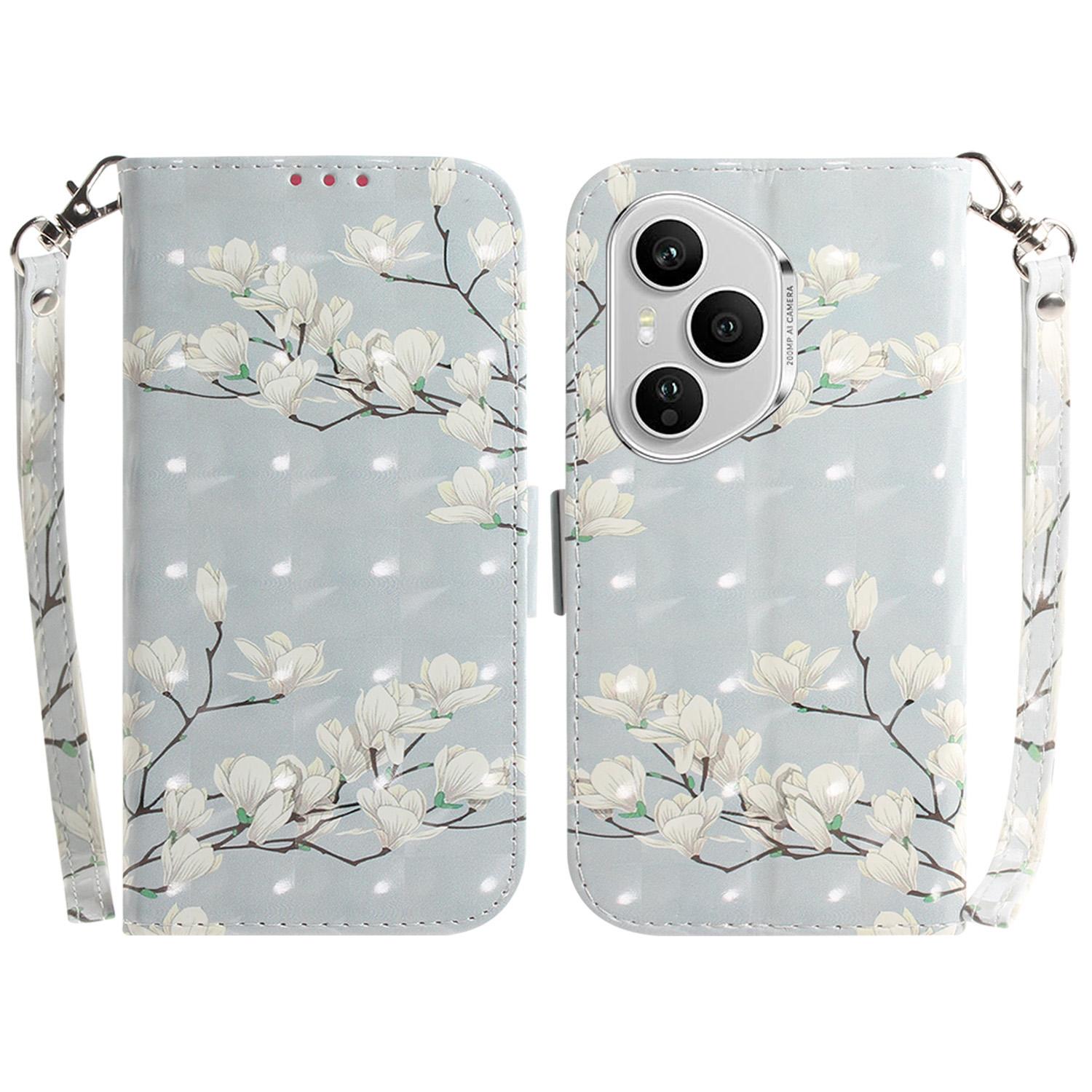 

For Honor 400 Pro 5G (Global) Case Pattern Printing Leather Wallet Phone Cover with Wrist Strap Magnolia