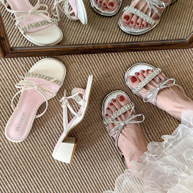 Silver sandals woman 2025 new summer bow French fairy wind cool slippers thick heels high heels
