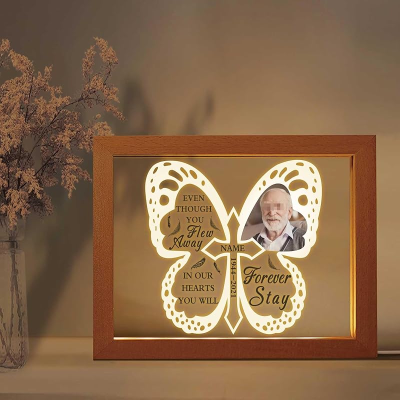 Custom Memorial Night Light with Picture Frames Personalized Acrylic Plaque Sympathy Bereavement Gift with Photo Name Date for Loss of Love(S-Heart