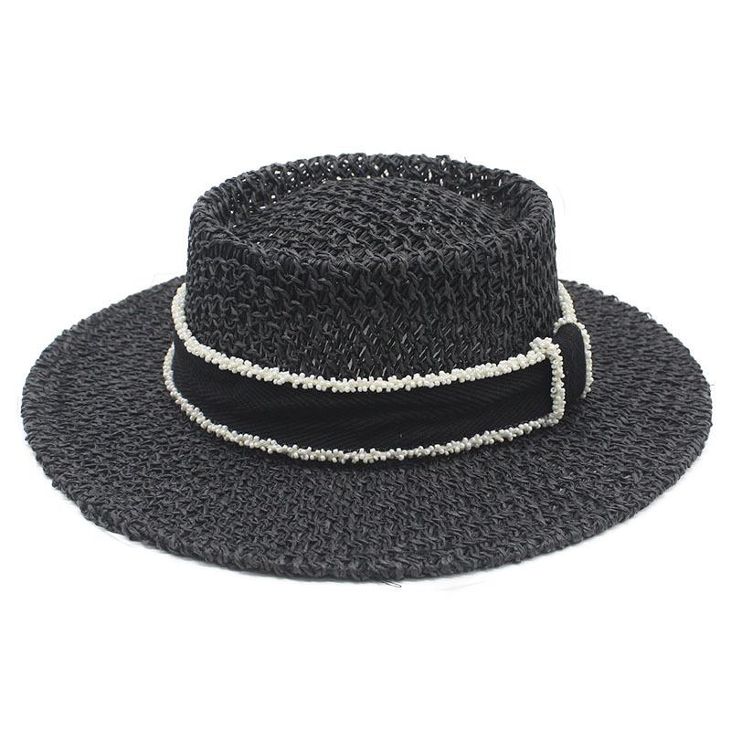 New Product Xiaoxiangfeng Concave and Convex Top Hollow Top Hat Bead Ribbon British Style Handsome Straw Hat Beach Sun Hat