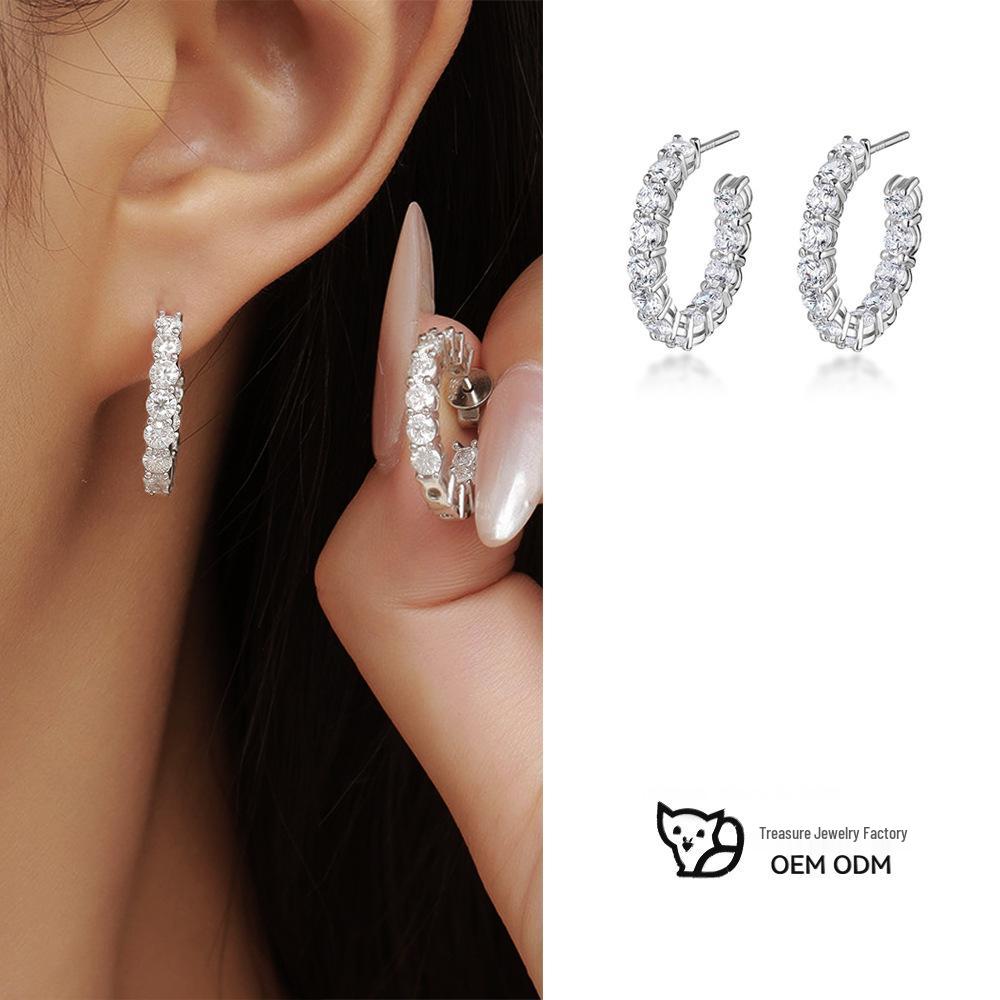 

S925 Silver C-Shaped Stud Earrings: Shiny Pave-Set Fashion Luxury Round Hoops Pair of Circle Stud Earrings