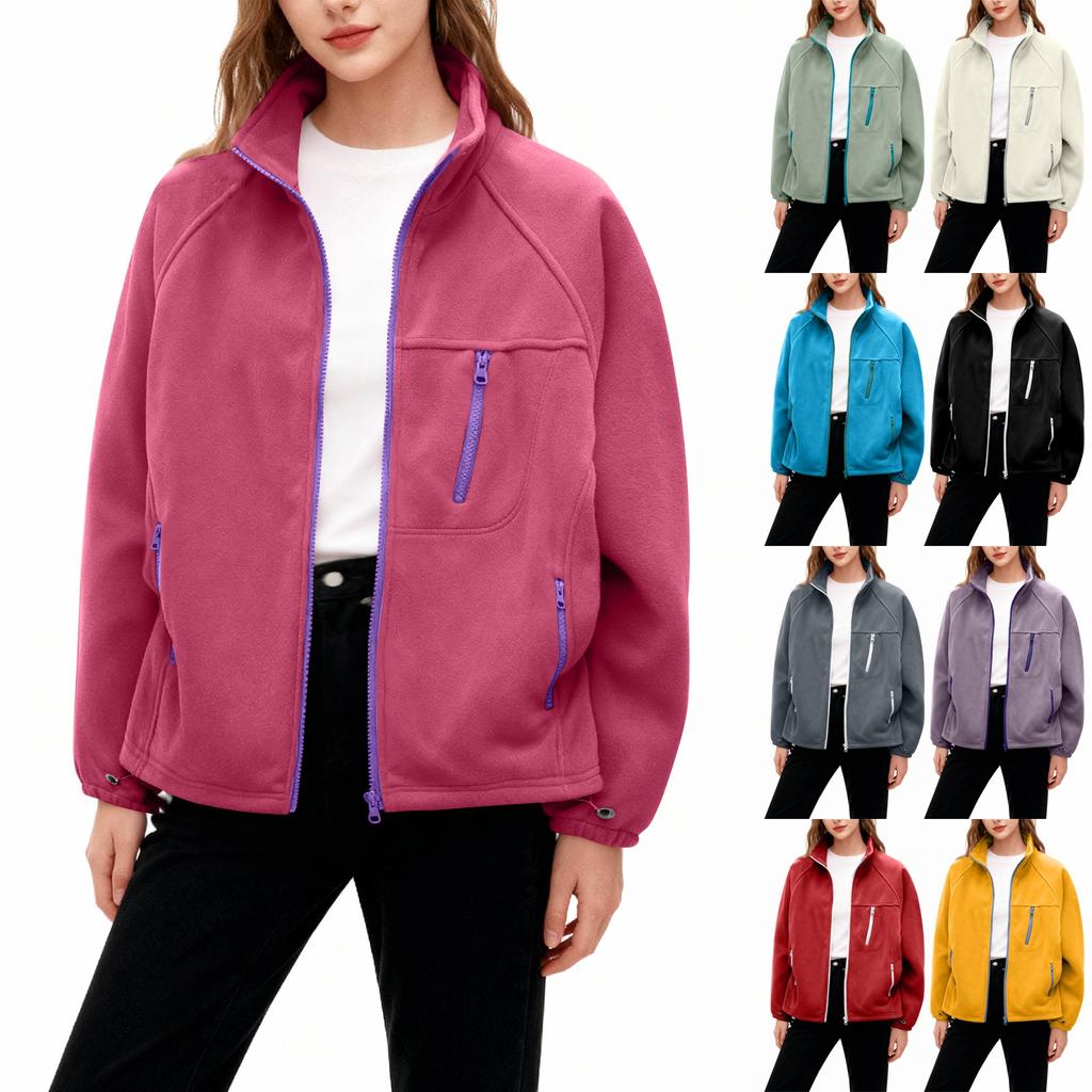 Women's Fashionable Casual Plus Size Long Sleeve Thickened And Fleece Line Stand Up Collar Coat