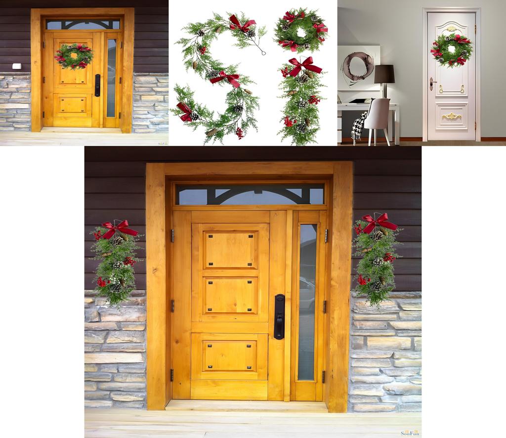 Christmas Rattan Wreath Garland With Berry And Flowers- Diy Fireplace Decor And Tree Ornament