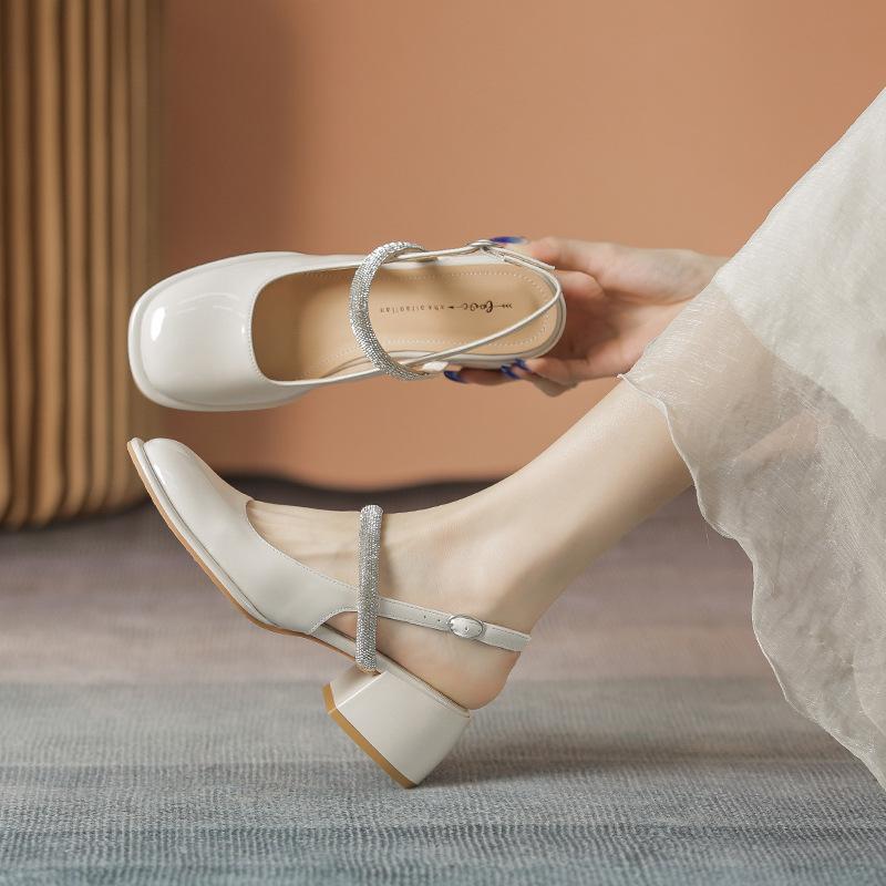 

Кожаные сандалии на толстом каблуке, женские туфли Мэри Джейн, летние туфли Baotou с квадратным носком и стразами