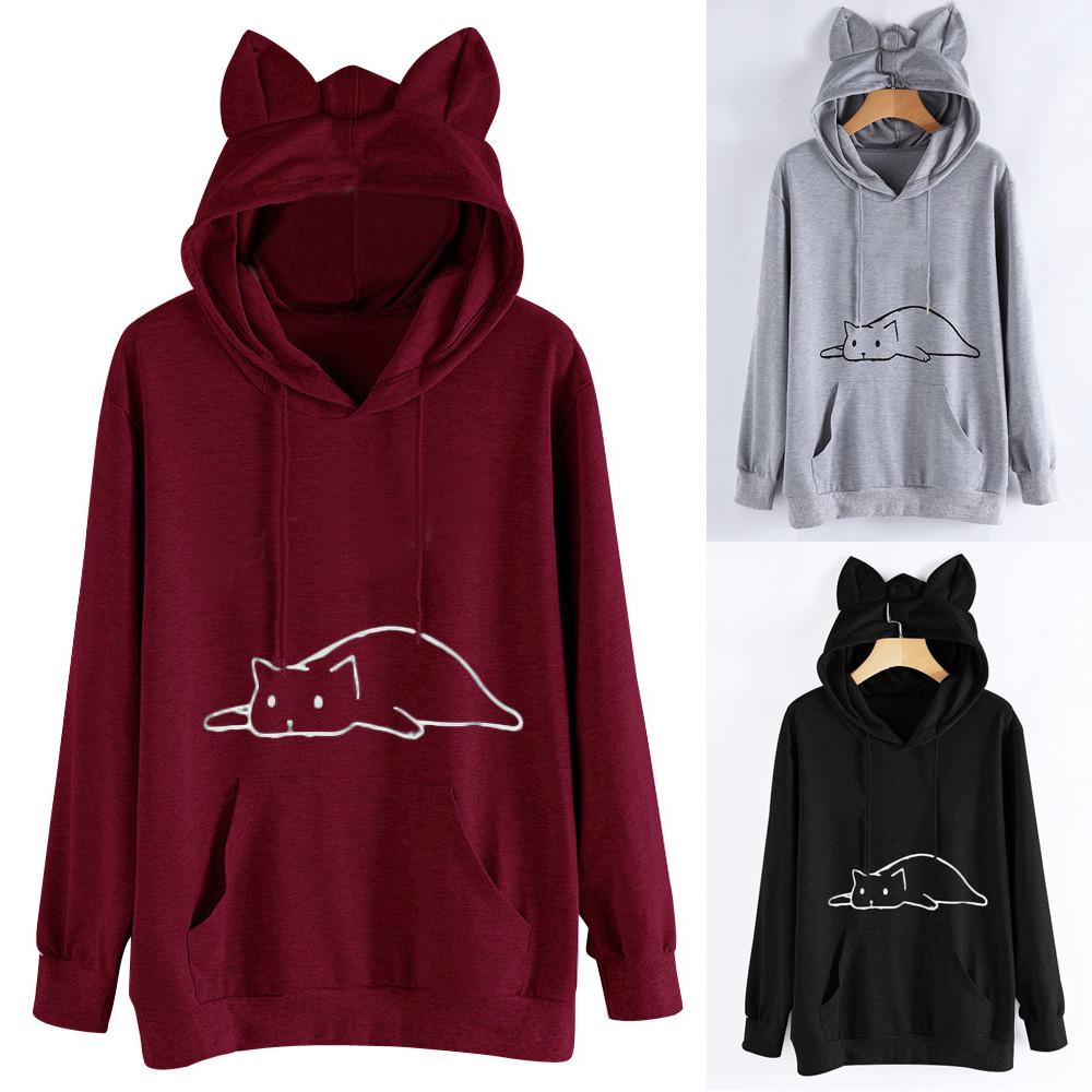 Buy Womens Cat Ear Solid Long Sleeve Hoodie Sweatshirt Pullover Tops