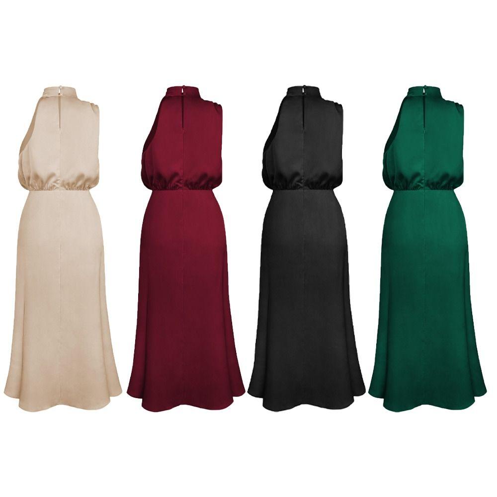 Pure Color Sleeveless Skirt Satin Silk Holiday Party Dress Fashion Long Evening Dress  Club