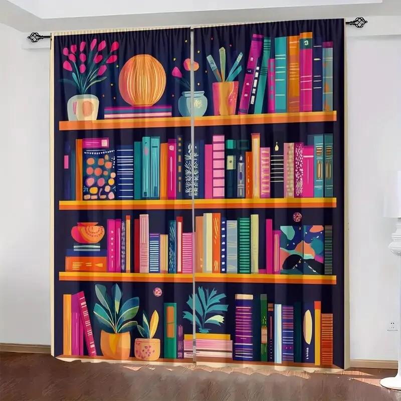 Set Of 2 Jit Colorful Bookshelf Pattern Curtains Design Polyester Curtain Home Decor Window Living Room Darkening With Rod Pocket