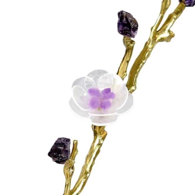 Natural Crystal Flower Metal Tree Golden Branches Crystal Sculpture Metal Figurine Marble Home Decoration Accessories