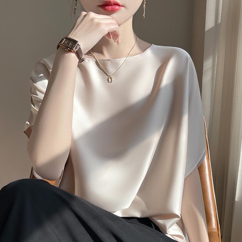 

Летняя женская шелковая атласная футболка свободного кроя с круглым вырезом - с короткими рукавами, универсальная, утягивающая, модный топ XXL