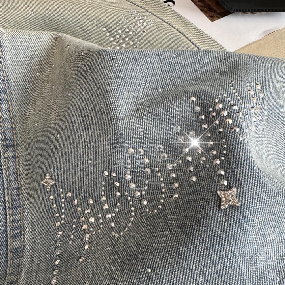 Korean Style Rhinestone Inlaid Gradient Washed High Waist Denim Pants - Women's Straight & Wide Leg Options.