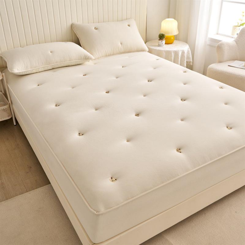 Washed Cotton Quilted Fitted Sheet - Solid Color, Full Wrap, Protective Cover for Home & Dormitory