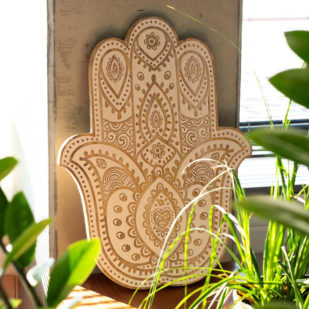 Hamsa Hand Wandplakette, Mangoholz Weißwaschung