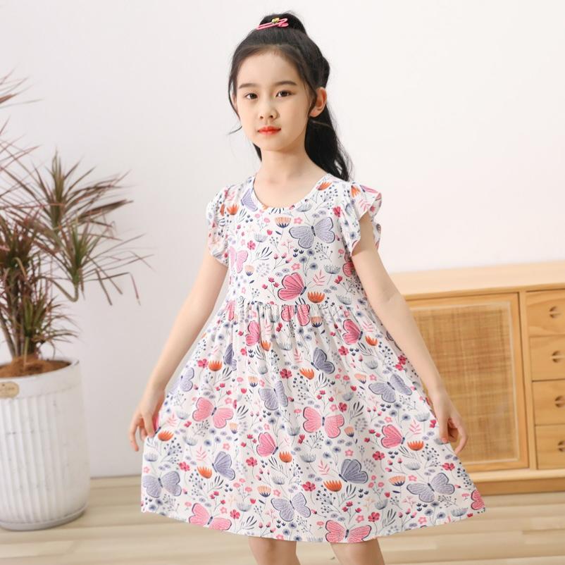 Girls' Cotton-padded Fly-sleeved Dresses, Big Children's Printed Floral Skirts, Back Straps, and Beach Skirts