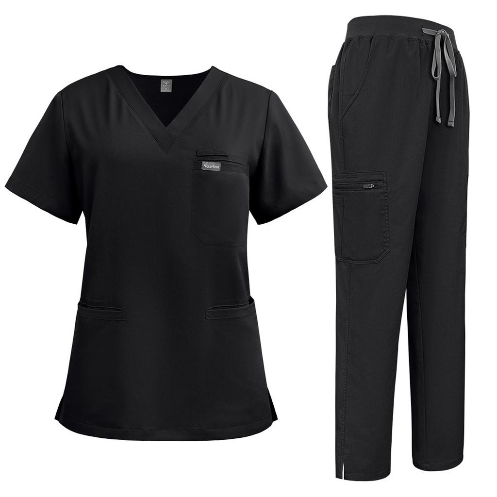 Women's Short Sleeved Solid Color V Neck Pocket Top Pants Work Clothes Two Piece Set