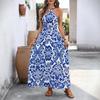 European & American Halter Long Skirt: New Style 2026 Open Back Retro Print Dress for Women.