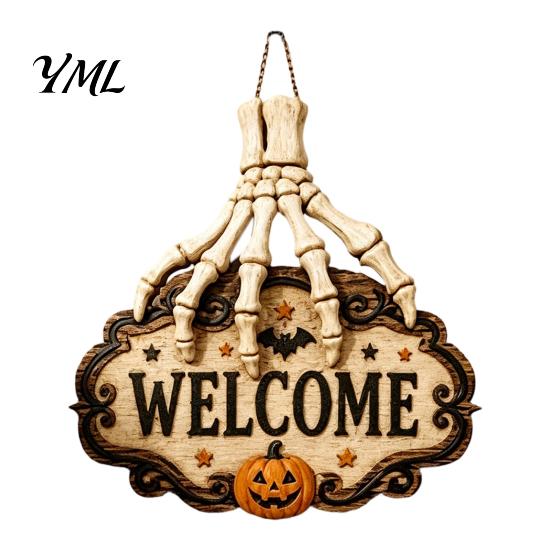 Placa de Loja Estilo Terror Mão de Esqueleto Porta Placa de Boas-Vindas, Decoração Padrão Abóbora Morcego de Halloween, Decoração de Madeira Antiga Desgastada Pendurada na Parede