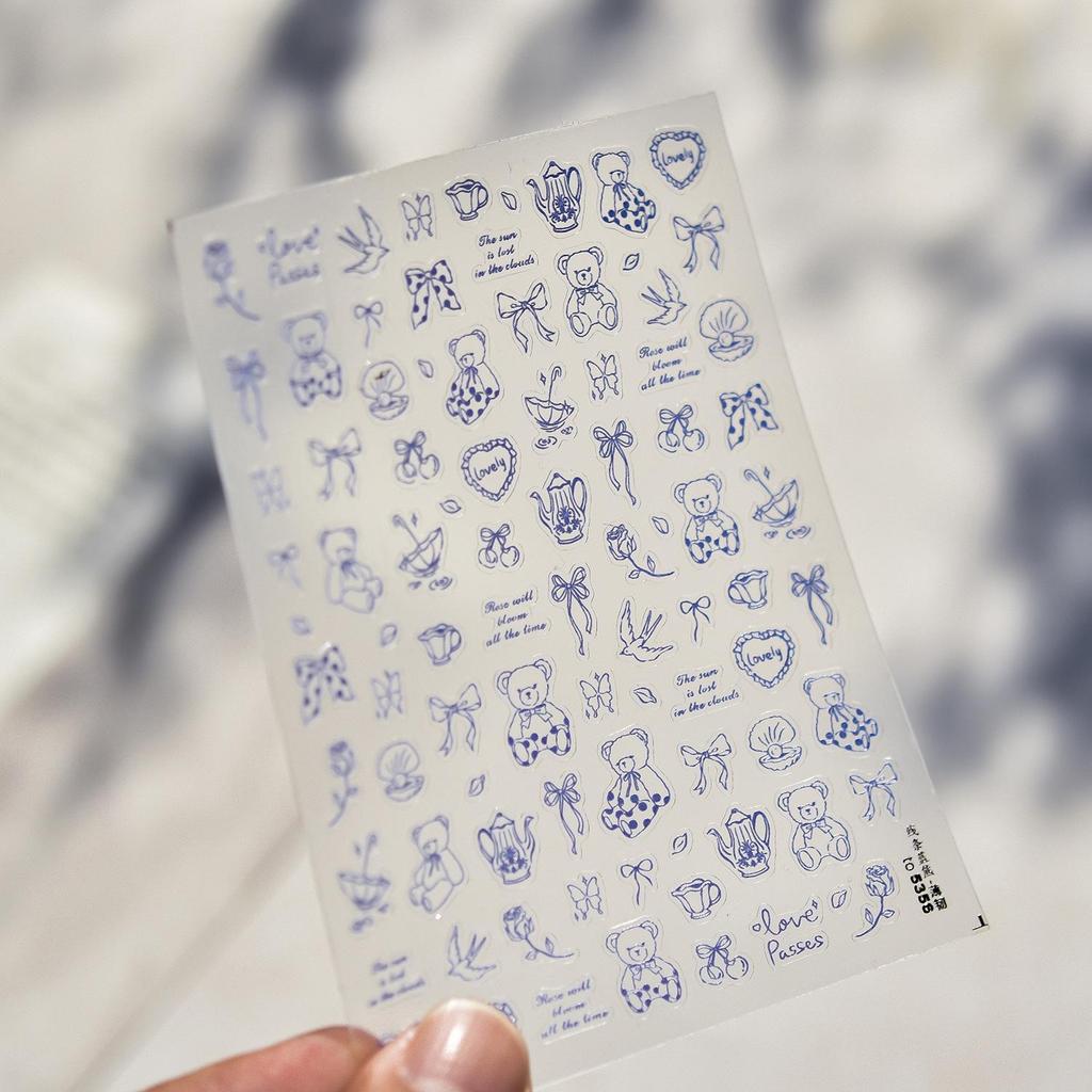 Tomoni Cute & Durable Blue Bear Nail Stickers - Cartoon & Modern Simple Line Designs, Mixed Pack