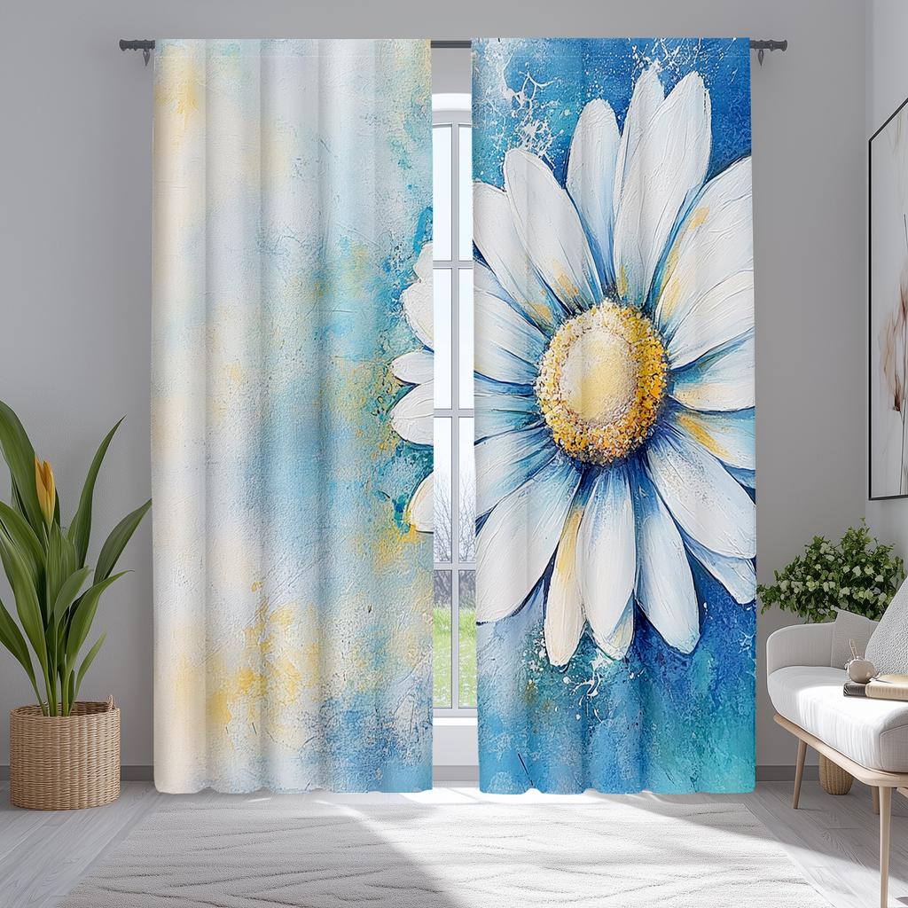 2pcs Classic Chamomile Oil Painting Polyester Curtains, Splash Background Pastoral Expression, Kitchen & Cafe Window Drapes, 2 P