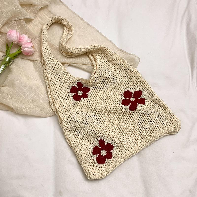 Bags Japanese and Korean retro ins shoulder cotton thread woven knitted bags handbags flowers beach vacation