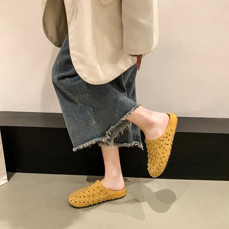 

Модные туфли-шлепанцы с полыми носками и стразами для весны, женские, для улицы, дышащие, с новым круглым носком, на плоской подошве, с полуподдержкой стопы 40 жёлтый