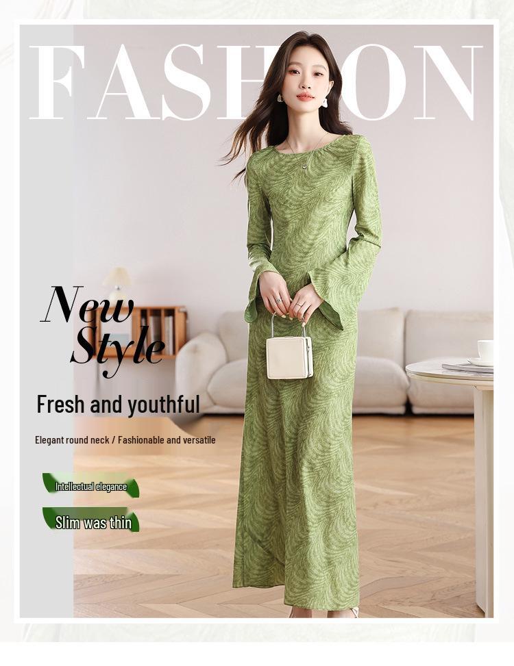 Green Field Slimming French Retro Bodycon Dress - Elegant Ribbed Long Sleeve