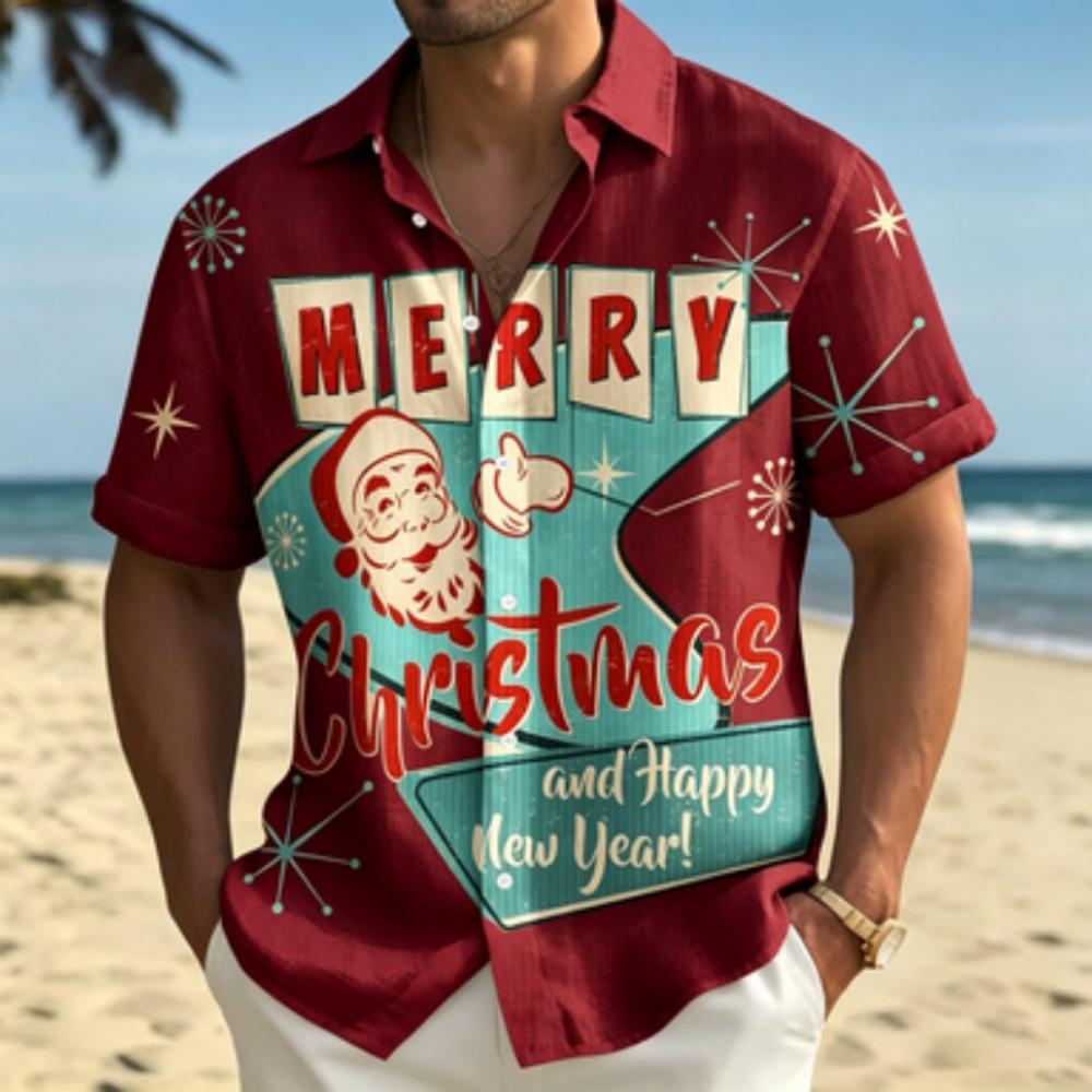 Men's short sleeved shirt, Santa Claus printed short sleeved shirt, European and American holiday casual collar shirt