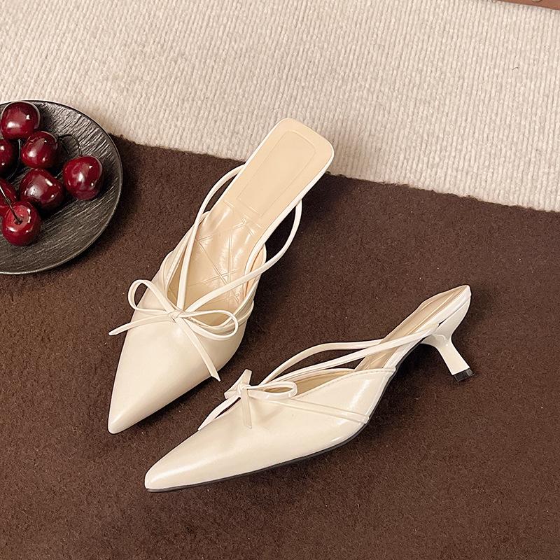 

Thin heel bow bag head half slippers fairy shoes 2025 spring and summer satin French temperament half tray single shoes 35 бежевый