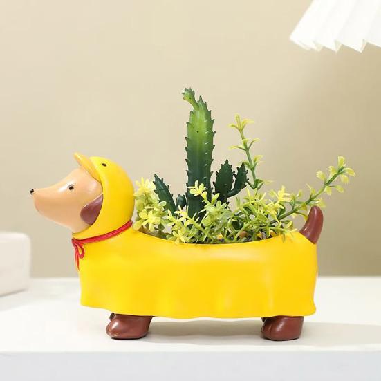 Resin Dachshund Planter, Decorative Small Plant Pot with Drainage Hole, Cute Puppy Planter for Succulents Small Indoor Plants