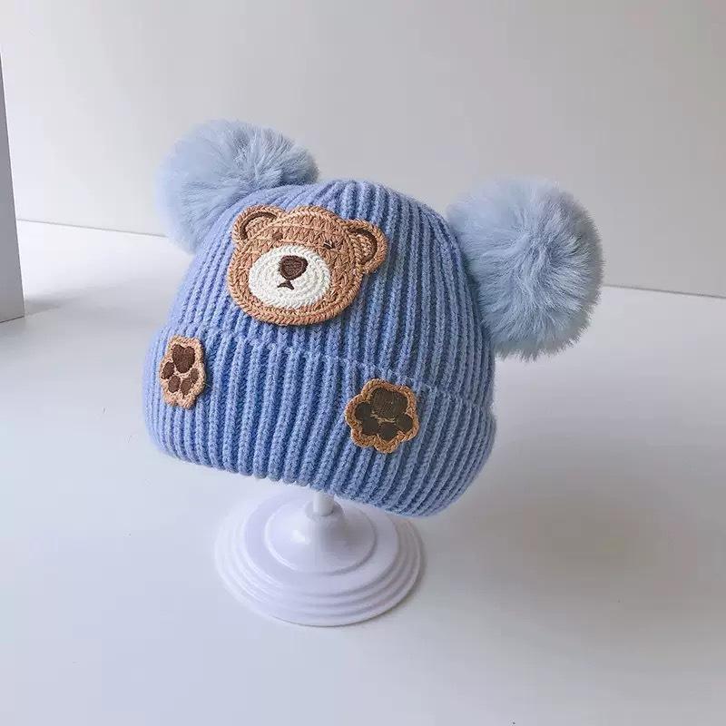 Baby Hat Winter Cute Cartoon Double Ball Wool Hat Boys and Girls Baby Ear Protector Knitted Hat Children's Pullover Hat